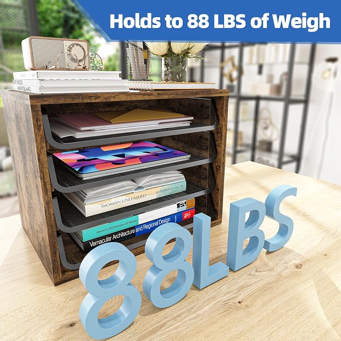 Simple Trending 4-Tier Desk File Organizer, Paper Organizer, Rustic Brown | Adjustable Letter Trays, Wood Desktop File Sorter, Farmhouse Style, for Office Home Classroom, 10.75"D x 15.2"W x 11.8"H