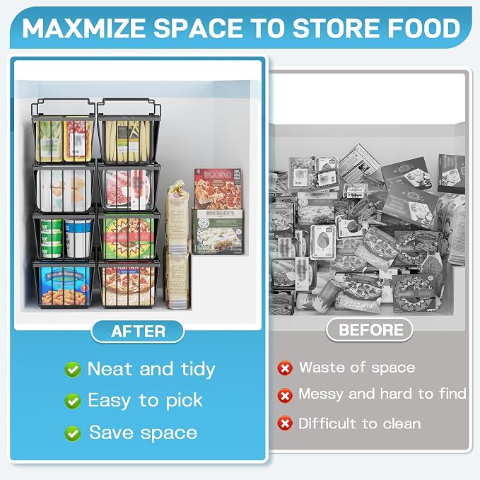 SUNALLY Freezer Organizer Bins, 4 Pack Stackable Chest Freezer Organizer for 5-7 Cu.FT Deep Freezer Sort Frozen Meats and Food, Freezer Storage Baskets with Handles Easy Reach from Bottom, Black | Chest Freezer Organizer for 5-7 Cu.FT Deep Freezer to S...