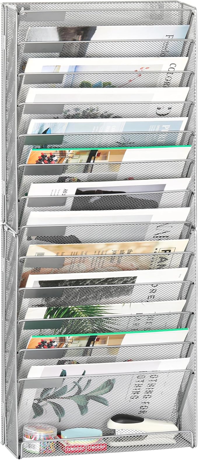 EasyPAG Wall File Holder 14 Tier Mesh Hanging Folder Organizer with Flat Tray Wall Mounted Mail Organizer Magazine Paper Desk Shelf with Nametag Label for Office Home School, Silver