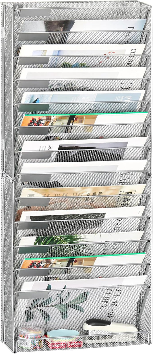 EasyPAG Wall File Holder 14 Tier Mesh Hanging Folder Organizer with Flat Tray Wall Mounted Mail Organizer Magazine Paper Desk Shelf with Nametag Label for Office Home School, Silver