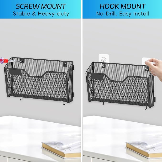 SUPEASY 6-Pack Wall File Holder and Wall File Organizer with Hooks, Black | Wall File Organizer and Wall Organizer with 6 Letter-Size Pockets, Label Panels and Hooks for Offices Homes and Classrooms