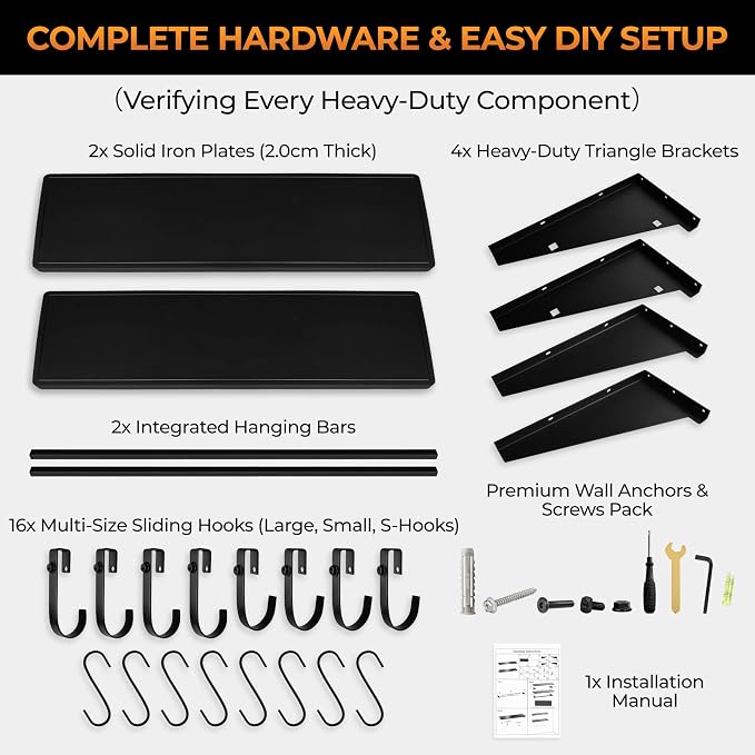 2-Pack 4ft x 16in Heavy Duty Metal Garage Wall Shelving,700lbs Capacity Solid Iron Garage Storage shelves with Sliding Hooks, Wall Mounted Floating Shelves for Workshop,Basement,Tools & Bins,Black