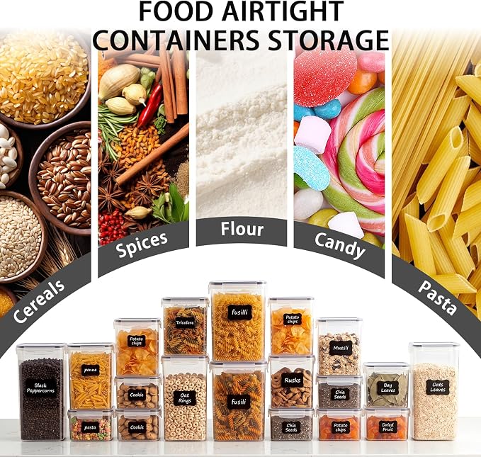 15PC Pantry Storage Containers, Airtight Food Storage Containers with Lids, BPA Free Kitchen and Pantry Organization and Storage Set for Pasta, Dry Food, Flour and Sugar, Cereal