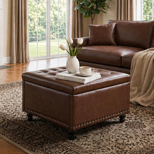 Tbfit Large Square Storage Ottoman Bench, Button Tufted Upholstered Coffee Table Ottoman with Wooden Legs, Oversized Storage Ottomans Toy Box Footrest for Living Room, Brown