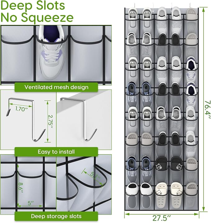 Over the Door Shoe Organizer with 40 Large Breathable Mesh Pockets, Space Saving Shoe Holder, Hanging Shoe Rack for Entryway Bedroom Closet Storage (Grey, 40 Pockets)