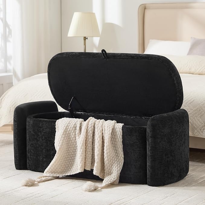 Oval Ottoman Bench with 20 Gal of Storage Space Upholstered Chenille Seat End of Bed Storage Bench Storage Ottoman with Storage for Bedroom, Living Room, Entryway, Window (Black)