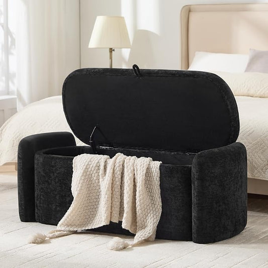 Oval Ottoman Bench with 20 Gal of Storage Space Upholstered Chenille Seat End of Bed Storage Bench Storage Ottoman with Storage for Bedroom, Living Room, Entryway, Window (Black)
