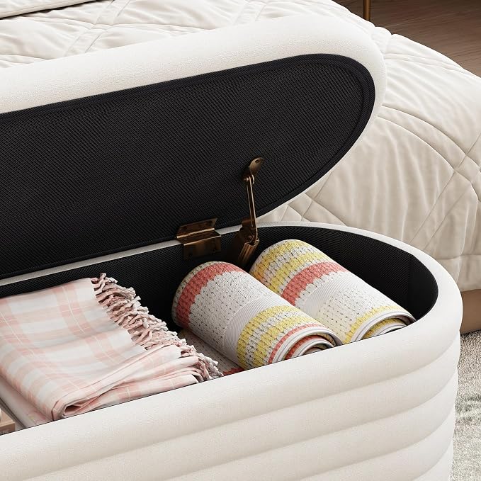 Ball & Cast 40" Oval Ottoman with Storage, Chenille Upholstered Entryway Bench with Safty Hinges for Living Room, End of Bed, No Assembly Required,White
