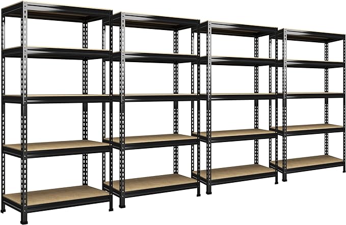 PrimeZone 5-Tier Garage Storage Shelves, Adjustable Metal Shelving, Black | 32"W x 16"D x 63" H, Heavy-Duty Metal Frame & Connectors, FSC MDF Boards, Deep Storage for Garage, Pantry, Warehouse, 4 PCS