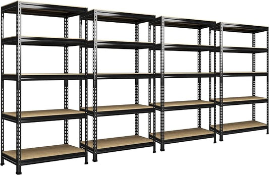 PrimeZone 5-Tier Garage Storage Shelves, Adjustable Metal Shelving, Black | 32"W x 16"D x 63" H, Heavy-Duty Metal Frame & Connectors, FSC MDF Boards, Deep Storage for Garage, Pantry, Warehouse, 4 PCS