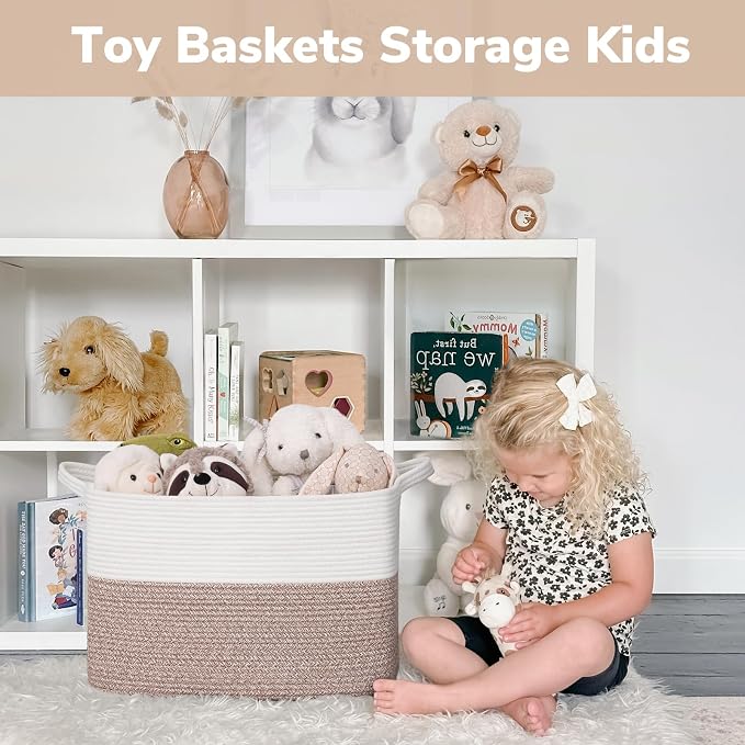 Goodpick 50L Large Woven Basket with Handles, 18" x 14" x 12", Brown | Blankets, Toys & Clothes Storage, Living Room & Bedroom Organization, Decorative Storage Basket, Stylish Rectangle Design