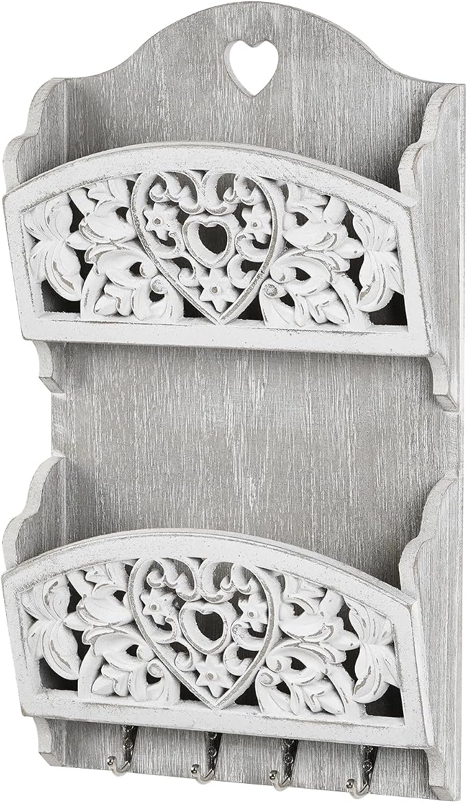 Key and Mail Holder for Wall, 2-Slot Mail Organizer Wall Mount 4 Key Hooks | Retro Hollowed-out Pattern Wooden Farmhouse Key Hangers Wall File Organizer Letter Sorter, Key Rack for Entryway Home Decor