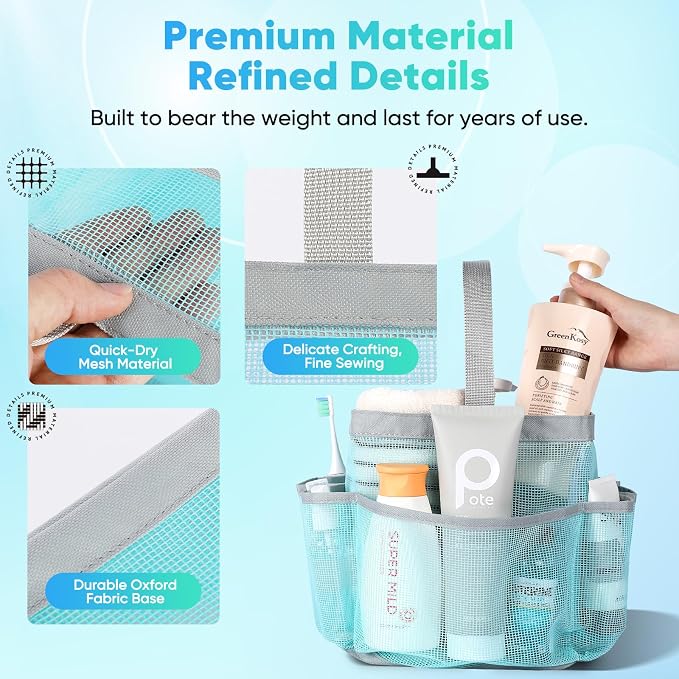 EUDELE Mesh Shower Caddy Portable, 8-Pocket Large Capacity, Quick Dry, Easy Clean, for Beach, Swimming, Gym, Travel