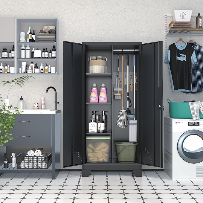 61" Metal Storage Cabinet with Lock for Garage, Utility Closet | Broom Closet with Lockable Doors, Pegboard & Shelves, Steel Tool Cabinet for Home Office, Laundry Room, Living Room, Black