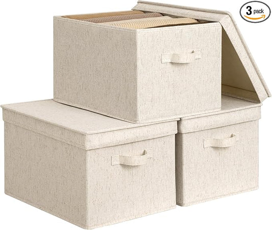 StorageWorks Fabric Storage Bins with Lids, Decorative Storage Bins with Soft Handles, Foldable Storage Baskets for Closet, Shelves, Stackable and Sturdy Organization, Beige, Jumbo, 3-Pack