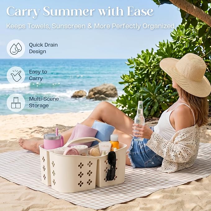 Portable Shower Caddy with Handle, Large Capacity Shower Basket Organizer, Quick-Drain Bathroom Storage Tote, Durable Plastic Shower Organizer for College Dorm, Beach, Gym, Travel Essentials, Beige