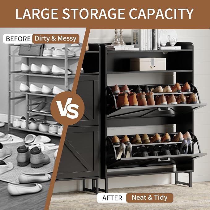 Shoe Cabinet with 2 Flip Drawers, Freestanding Hidden Shoe Storage Organizer for Entryway, Narrow Slim Shoe Rack Cabinet with Open Storage & Hooks for Front Door Entrance, Living Room, Hallway, Black