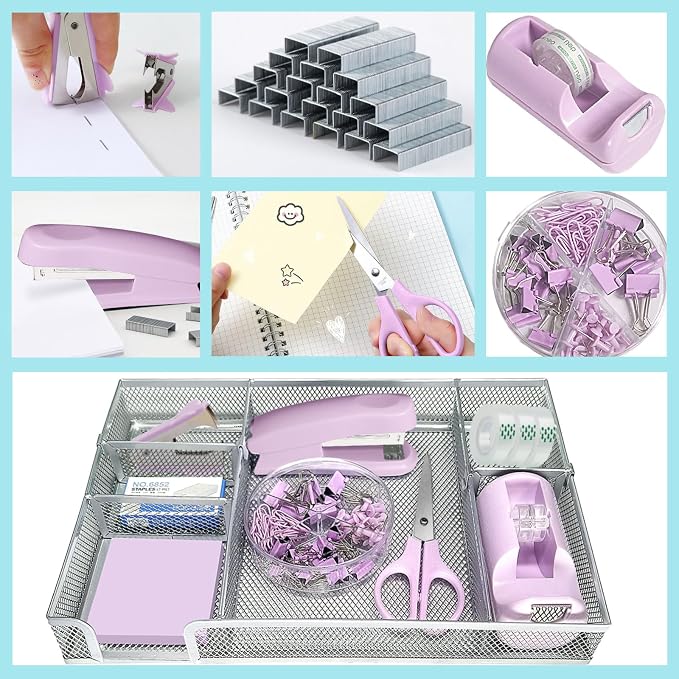 Purple Office Desk Accessories Set, Complete Supplies Kit with Organizer | Purple Office Supplies Set with Stapler, Tape Dispenser, Scissors, Clips and More for Organized Workspace