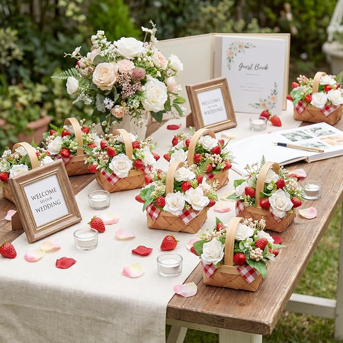 6 Pcs Summer Mini Woven Picnic Basket Party Favor Red White Gingham Paper Napkins Wood Chip Mini Flower Fruit Picnic Basket Chip for Summer Wedding Party Baby Shower Decoration (Large)