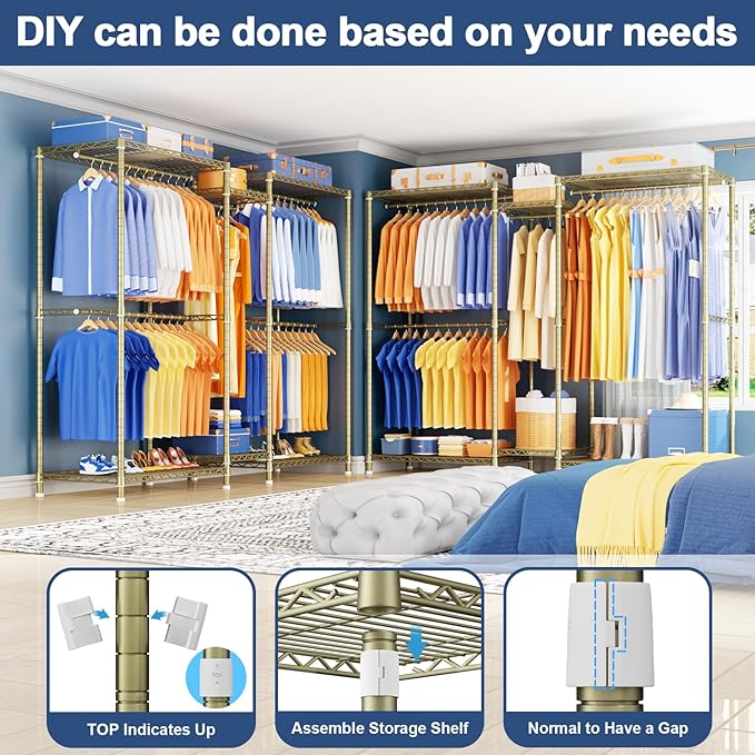 E12 Pro Clothes Rack，Heavy Duty Freestanding Garment Rack with Shelves，Metal Clothing Closet Storage System for Hanging Clothes，71" W x 16" D x 76.5" H, Hold 960 lbs，Gold