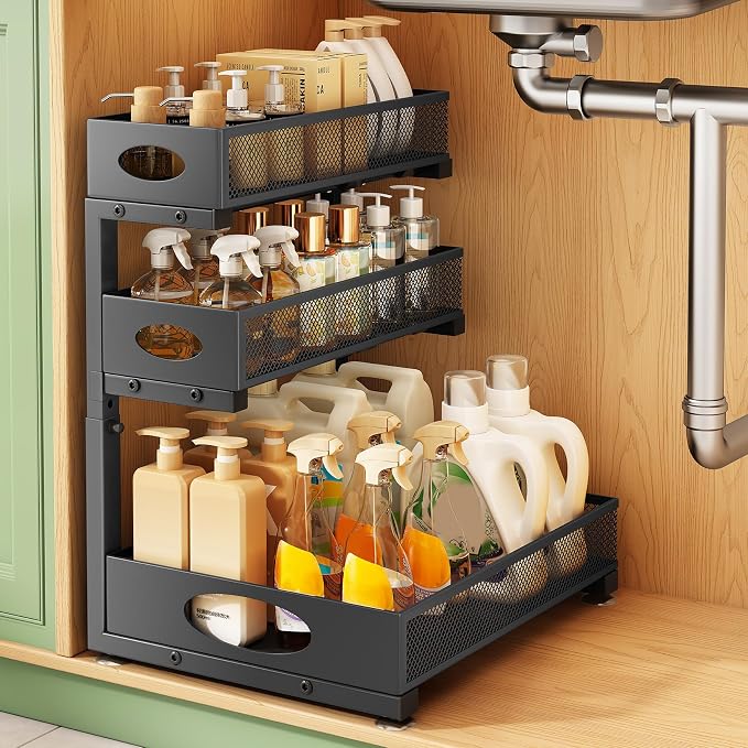 Kitstorack Under Sink Organizer 3-Tier Slide Out Drawer 1-Pack Black | Height Adjustable, Metal Mesh Storage Rack, Pull out Cabinet Organizer Shelf for Bathroom Kitchen Pantry Home Organization