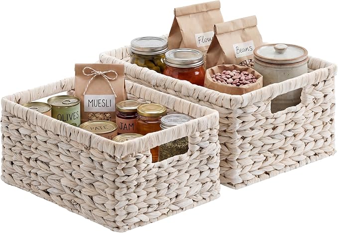 StorageWorks Large Wicker Baskets for Storage, Water Hyacinth Storage Baskets for Organizing, Wicker Storage Baskets for Shelves, White, 2-Pack, Large & Medium