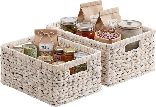StorageWorks Large Wicker Baskets for Storage, Water Hyacinth Storage Baskets for Organizing, Wicker Storage Baskets for Shelves, White, 2-Pack, Large & Medium