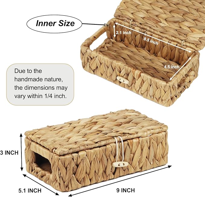 Water Hyacinth Wicker Storage Basket with Lid, X-Small | 9 x 5.1 x 3 Inch Box, Shelf Organizer, Rectangular Woven Bin, Small Item Storage, Natural Home Decor