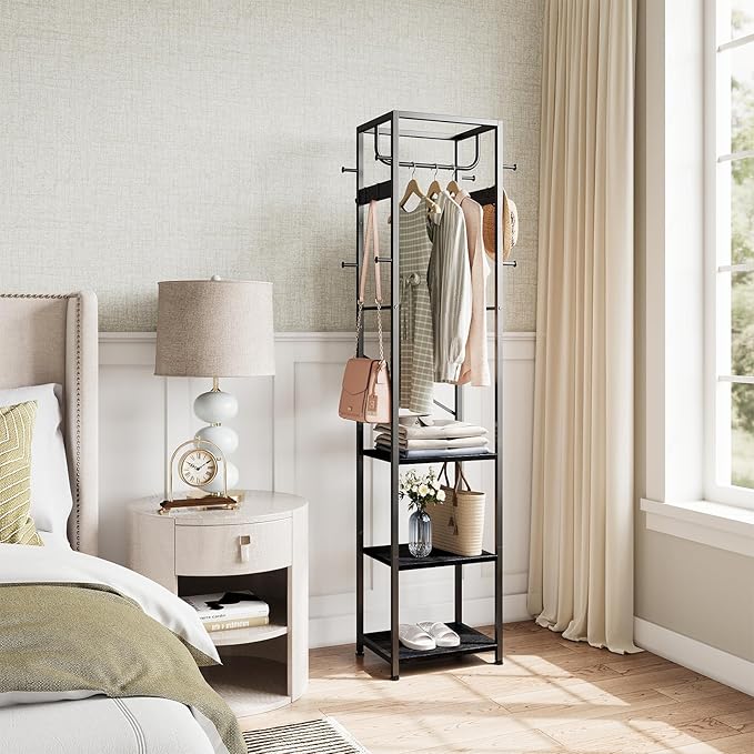 ELYKEN Coat Rack Freestanding, Hall Tree with 3 Shelves and 12 Hooks, Black | Industrial Metal Frame, Space-Saving Design, Clothes Rack Stand Organizer for Bedroom, Hallway, Entryway, Office, Living Room