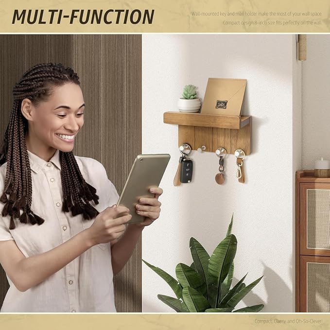 Rebee Vision Key Holder Wall Mount with 4 Hooks for Room Decor, Light Brown | 8-Inch, Rustic Key and Mail Holder for Wall, Mail Organizer, Small Floating Shelf, Key Hanger, Home Decor Aesthetic