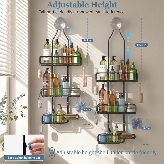 Skyapex Shower Caddy Hanging Bathroom Organizer: Over Head Adjustable Rack for Tall Showerhead - Extra Large Storage Shelf for Big Shampoo Bottles with Soap Holder