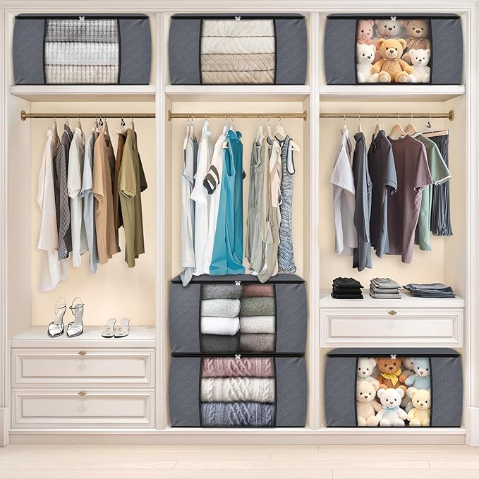 Fab totes Storage Bags,Clothes Blanket Storage Bins Foldable Closet Organizers with Reinforced Handle for Home Dorm Storage and Organization,Fabric Bags for Organizing Sheets,Clothing (Grey,8 Pack)