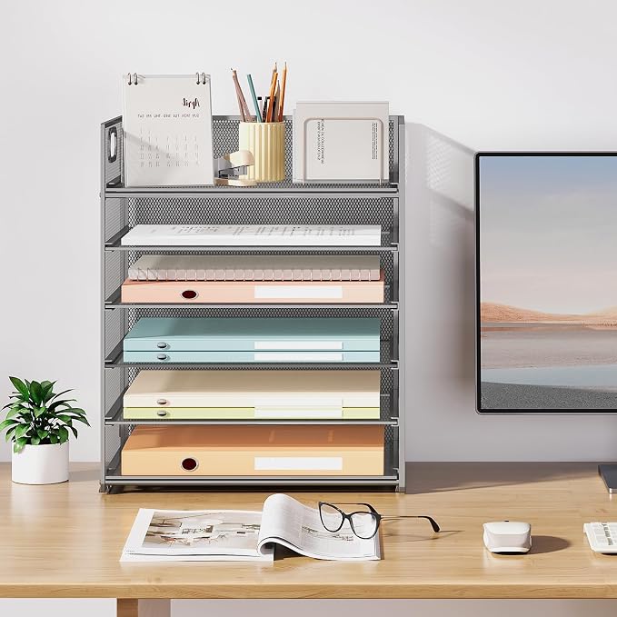 Subekyu 6-Tier Desk Paper Organizer, Desktop File Letter Tray with Handle, Document Sorter and Accessories Holder for Office, Home and School Workspace Organizers, Silver - 2 Pack
