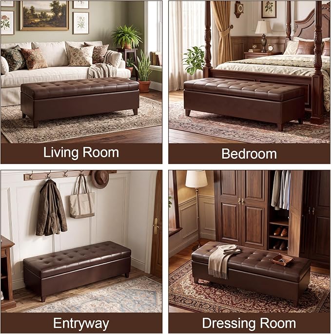 51" Dark Brown Leather Storage Ottoman for Living Room | End of Bed Storage Ottoman Bench, Faux Leather Upholstered Ottomans with Hinged Lid, Rectangle Bench for Entryway&Bedroom
