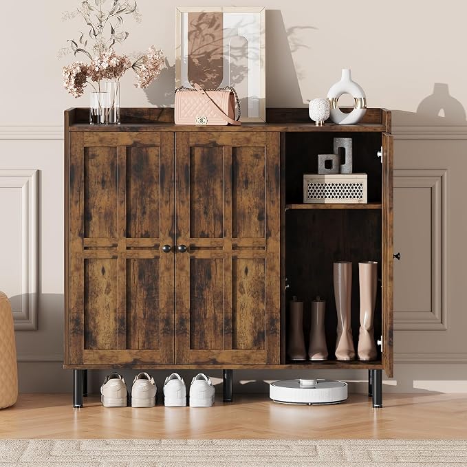Shoe Storage Cabinet with 3 Doors, 8-Tier Shoe Cabinet with 5 Adjustable Shelves and Metal Legs, 40'' Tall Shoe Rack Organizer Cabinet for Entryway, Front Door, Rustic Brown