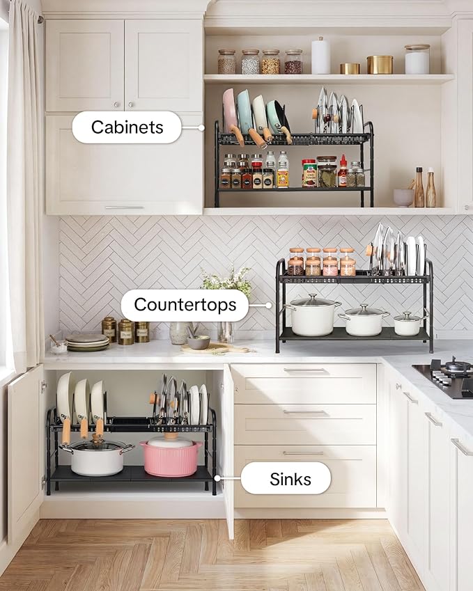 HULISEN Pots and Pans Organizer Under Cabinet, 2-Tier Expandable Pot Rack | 10 Dividers for Lid Separation, 5-Level Adjustable Height, Kitchen Cookware Pan Holder Shelf, Carbon Steel Frame