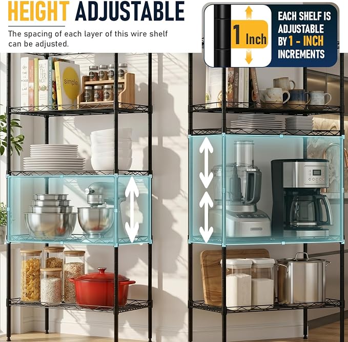 FDW 5 Tier 22L x 12W x 48H Pantry Shelves Adjustable Storage Rack Metal Shelf NSF Shelving Units for Kitchen Garage Small Places Commercial,Black