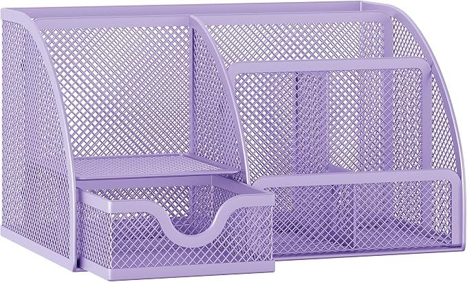 EasyPAG Mesh Desk Organizer with Drawer Multi-functional Pen Holder Stationery Organizer for Office School Supplies 6 Compartments Dorm Organizers and Storage for Desk, Light Purple