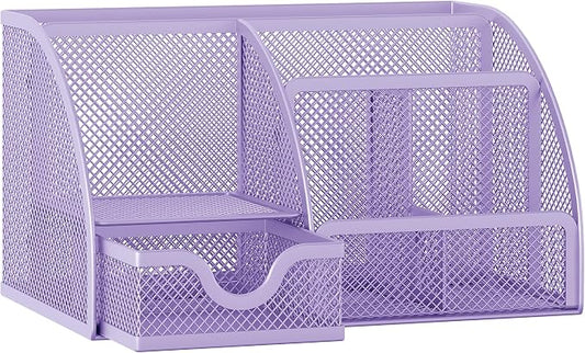 EasyPAG Mesh Desk Organizer with Drawer Multi-functional Pen Holder Stationery Organizer for Office School Supplies 6 Compartments Dorm Organizers and Storage for Desk, Light Purple