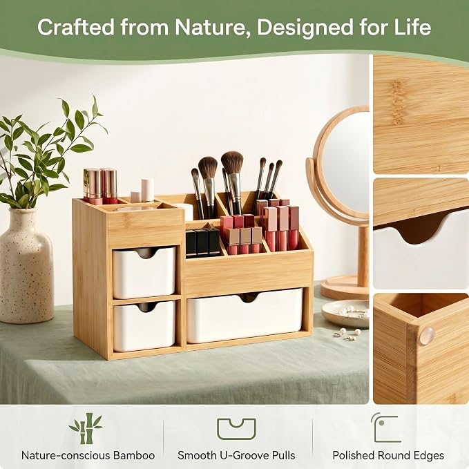 Bamboo Makeup Organizer with 3 Drawers & Adjustable Dividers, Desk Cosmetic Storage Box, Vanity Countertop Organizer for Bathroom, Office, Bedroom, Natural Bamboo Color (11.5x5.4in)
