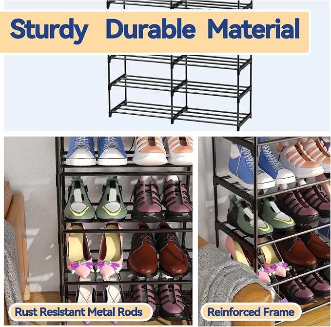 Large Shoe Rack Organizer, 2-Row 8-Tier Tall Shoe Storage Shelf for Closet, Entryway, Garage, Metal Free Standing Shoe Holder for 28-32 Pairs Shoes, Sturdy Stackable Shoe Stand for Bedroom