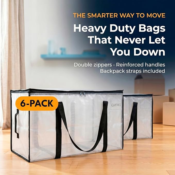 ClearSpace Oversized Moving Bags or Storage Bag – Large Moving Boxes with Backpack Straps, Zippers & Handles – Heavy-Duty Packing Bags for Moving, College Dorm, Christmas Decorations, 6 Pack