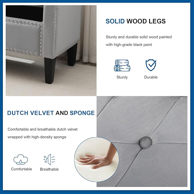 Storage Ottoman Bench, Velvet Upholstered Footstool for Bedroom and Living Room, Tufted Seat with Storage, Wooden Legs & Metal Rivets, Grey