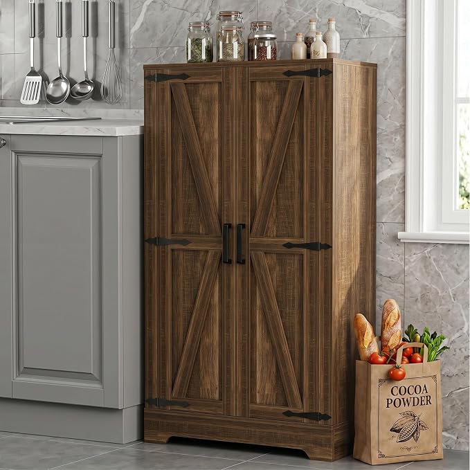 Unikito 43.3" Farmhouse Storage Cabinet with Doors and Adjustable Shelves | Wood Pantry Cabinet, Small Sideboard Cabinet, Short File Cabinet for Dining Room, Living Room, Bathroom, Home Office