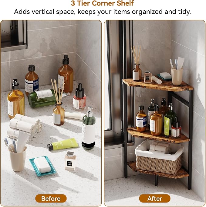 CADUKE Pedestal Sink Storage, 2 Pack Under Sink Organizer Shelf Bathroom Under Vanity Storage Shelf for Small Space, Bathroom Organizers Rack Stand 3 Tier Wooden Corner Shelves, Rustic Brown