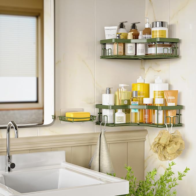 MAXIFFE 3 Pack X-Large Corner Shower Caddy with Soap Holder, Large Capacity Sturdy Easy Install No Drilling Stainless Steel Hold 40 LB Shower Organizer Shelves Rack for Family Renters Bathroom, Green
