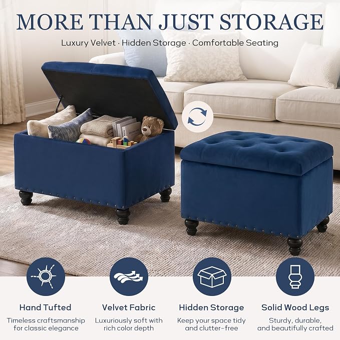 Zihanhome Velvet Storage Ottoman Bench, Button Tufted Ottoman with Hidden Storage, Upholstered Foot Rest Stool with Solid Wood Legs for Living Room, Bedroom, Entryway & Small Spaces (Sapphire Blue)