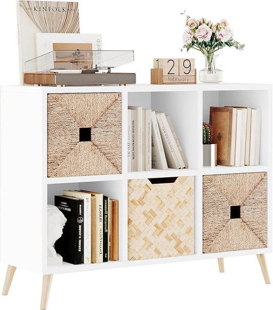 6 Cube Storage Organizer, Wood Bookcase with Legs, Modern Freestanding Cubby Shelving Unit, White Book Shelf Toy Storage Cabinet for Bedroom, Living Room, Kids Room, Fits 11 Inch Bins