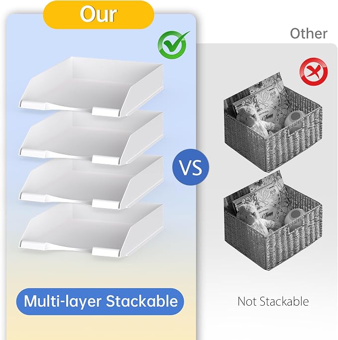 4 Pack Stackable Paper Trays for Letter Documents, Desktop File Organizers for Office Supplies, Stackable Desk Tray Holder for Paper Storage, White