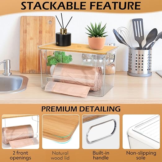 Stackable Trash Bag Dispenser with Wooden Top for Holding 13 to 33 Gallon Large Bag Sizes – Medium Size Garbage Bag Holder with Anti-Slip Base, Trash Bag Dispenser Under Sink (10.8"x6.7"x6" inches)